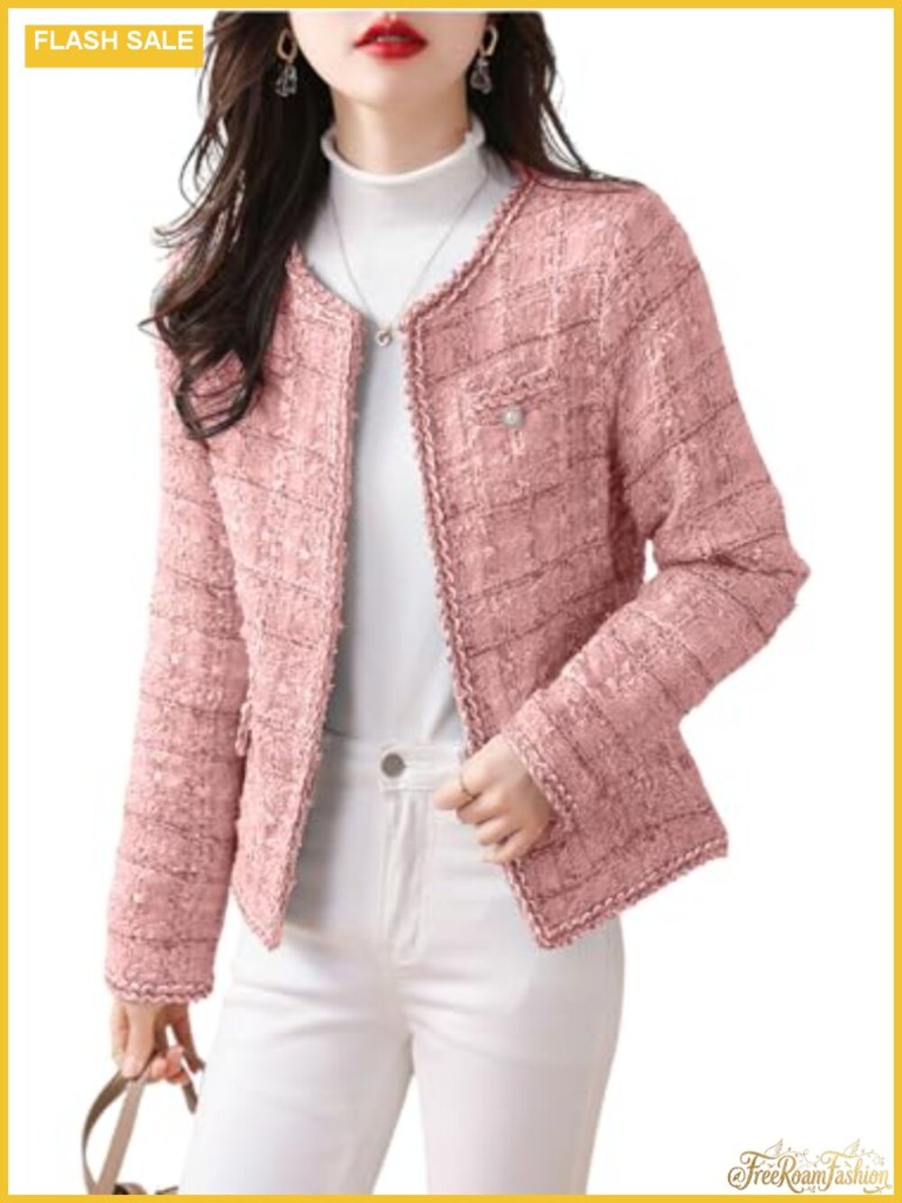 Women's Tweed Blazer Slim Fit Open Front Collarless Jacket Long Sleeve Casual